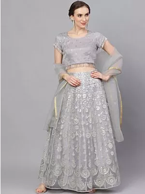 Grey & Silver Organza Foil Print Lehenga Choli With Solid Dupatta