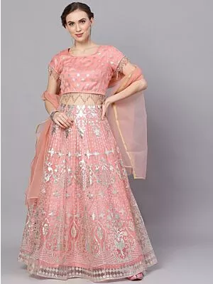 Peach & Silver Organza Foil Print Lehenga Choli With Solid Dupatta
