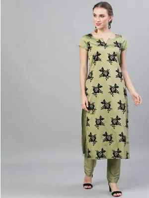 Green & Black Flock Printed Straight Kurta With Pant Set