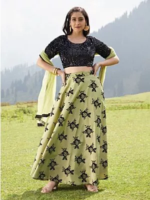 Green & Black Flock Print Lehenga With Sequenced Choli & Net Dupatta