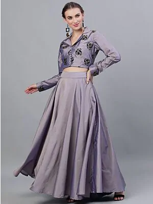 Purple & Black Flock Printed Lehenga Choli Set