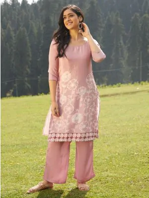 Rose Gold Printed Straight Kurta With Palazzo Set