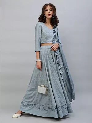 Blue Schiffli Work Lehenga Choli With Dupatta