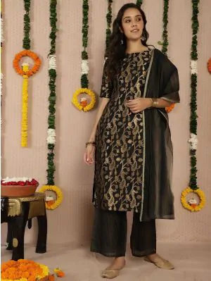 Black Gold Jacquard Design Kurta & Palazzo With Dupatta Set