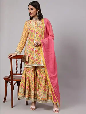 Yellow & Pink Floral Printed Kurta & Sharara With Dupatta Set