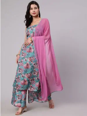 Blue & Pink Floral Printed Kurta & Palazzo With Dupatta Set