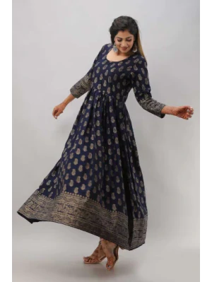 Women Printed Viscose Rayon Flared Kurta (Blue)