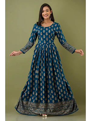 Women Printed Viscose Rayon Flared Kurta (Blue)