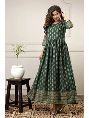Women Printed Viscose Rayon Flared Kurta (Green)