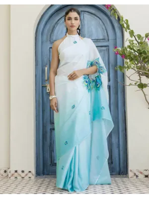 Handsfree Light Blue Satin Printed Saree