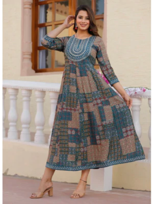 Women Printed Viscose Rayon Anarkali Kurta (Blue)
