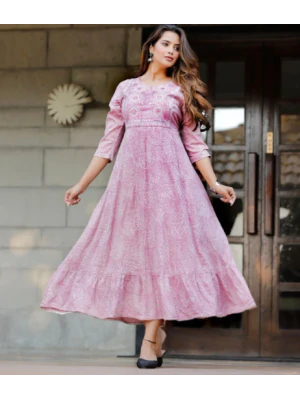 Women Printed Viscose Rayon Anarkali Kurta (Pink)