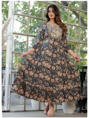Women Printed Viscose Rayon Gown Kurta (Multicolor)