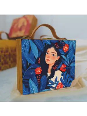 Women Blue Girl Printed Suitcase Style Clutch