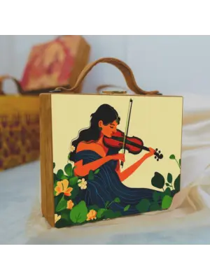 Woman Violin Girl Printed Suitcase Style Clutch
