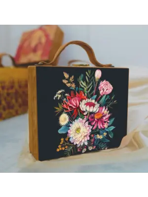 Women Black Floral Printed Suitcase Style Clutch