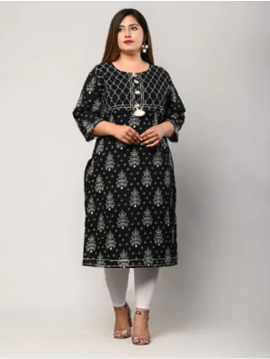 Women Black Pure Cotton Printed Straight Kurta