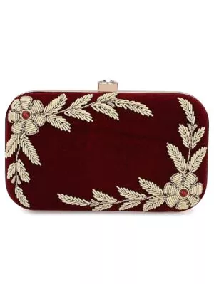 Women Hand Embroidered Maroon Box Clutch Bag Purse 