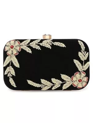 Fabdia Wedding  Hand Embroidered Black Box Clutch Bag Purse for Bridal 