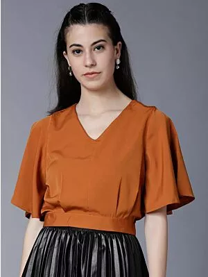 Women Rust Red Solid Blouson Crop Top