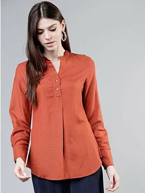 Women Rust Orange Solid Shirt Style Top