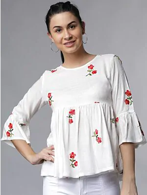 Women Off-White Floral Embroidered Top