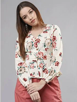Women Cream-Coloured Printed Peplum Top