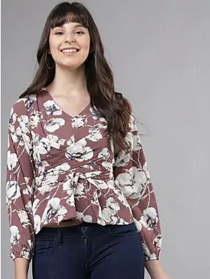 Women Mauve Printed Cinched Waist Top