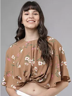Women Beige Printed Crop Twisted Cape Top
