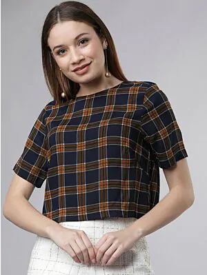 Women Navy Blue & Mustard Yellow Checked Boxy Top