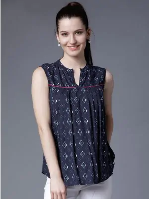 Women Navy Blue Printed A-Line Top