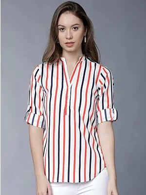 Women White Striped Shirt Style Top