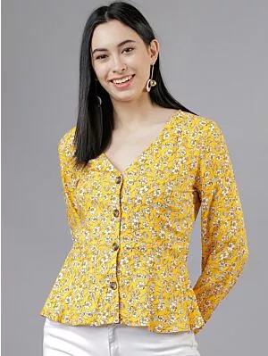 Women Yellow Floral Printed Peplum Top