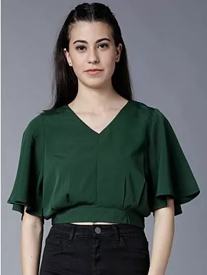 Women Green Solid Blouson Crop Top
