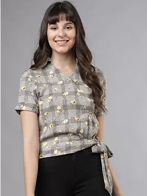Women Grey Printed Wrap Top