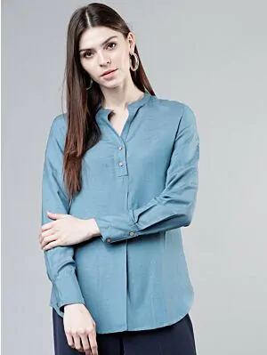 Women Blue Solid Shirt Style Top