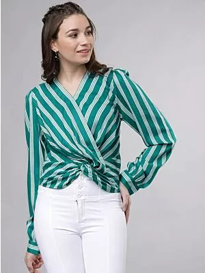 Women Teal Green Striped Top