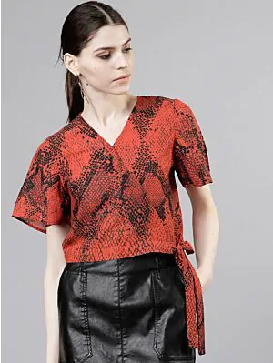 Women Red & Black Printed Wrap Top