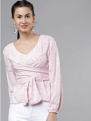 Women Pink Striped Wrap Top