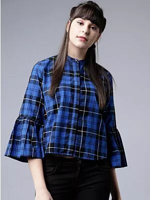 Women Blue Checked Shirt Style Top