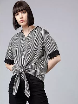 Women Black & White Striped Top