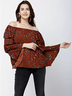 Women Brown Floral Print Bardot Top