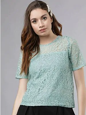 Women Sea Green Self Design Top