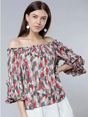Women Grey Printed Bardot Top