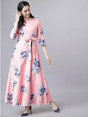 Pink Floral Print Maxi Belted Dress