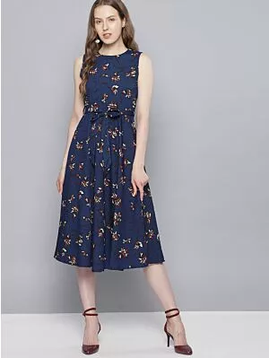 Women Navy Blue Printed Fit and Flare Dress