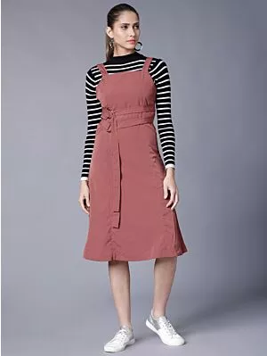 Women Rose Solid Pinafore Dress