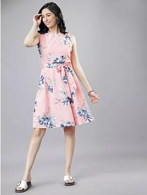 Women Pink & Blue Floral Print Fit and Flare Dress