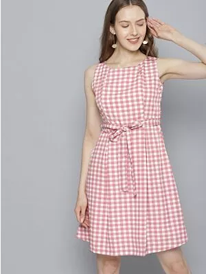 Women White & Pink Checked Fit and Flare Dress