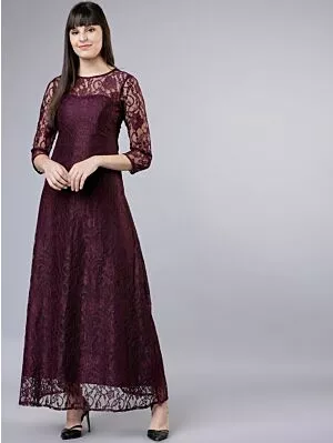 Women Maroon Self Design Maxi Dress